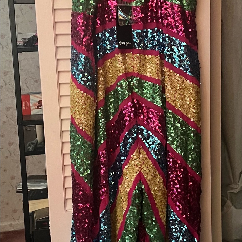 BNWT Nasty Gal Sequenced Colorblock Wide Leg Jumpsuit - Picture 7 of 9